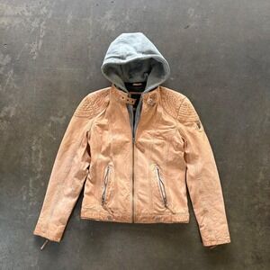 Mauritius Leather Jacket Womens Tan Moto Jacket Hooded Removable Hood Size M